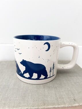 Tim Hortons Mountain Scene 2019 Coffee Mug Cream Blue Bear Pine Trees Ceramic